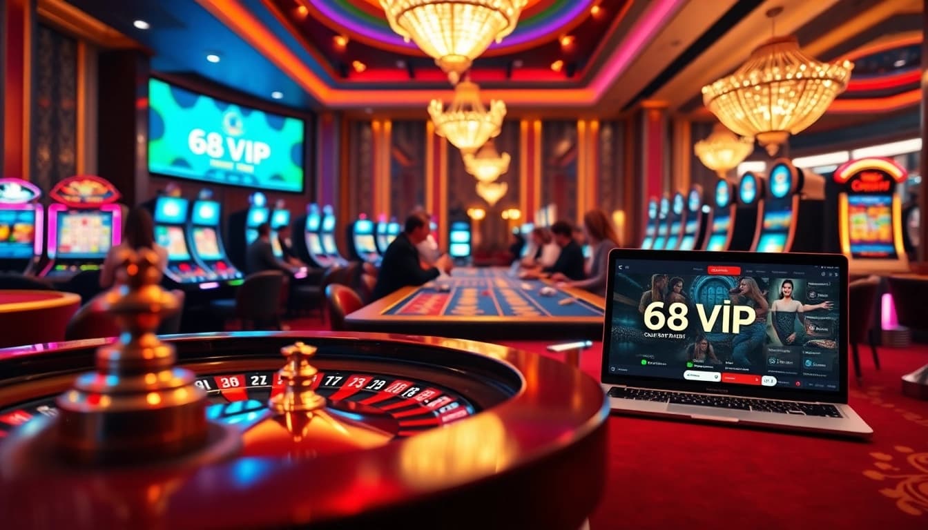 Engage with Đăng Ký Nhà Cái 68VIP in a vibrant casino setting featuring roulette, poker tables, and players.