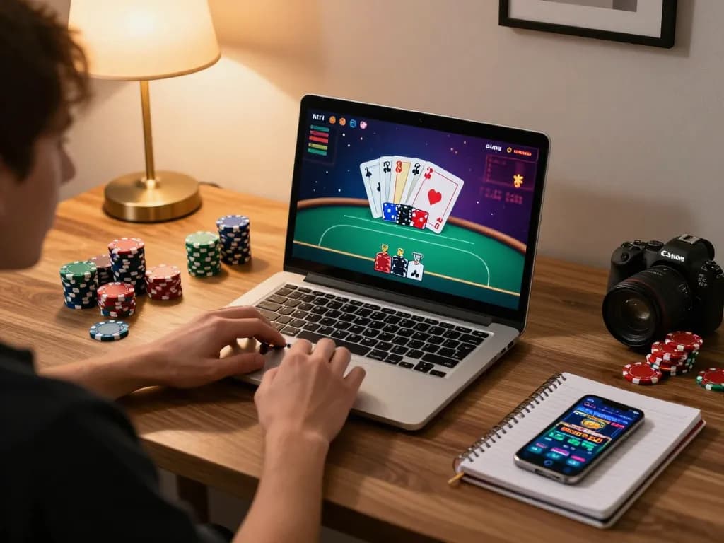 Engaging in an online poker game at https://777x.bid/ with colorful chips and cozy lighting.