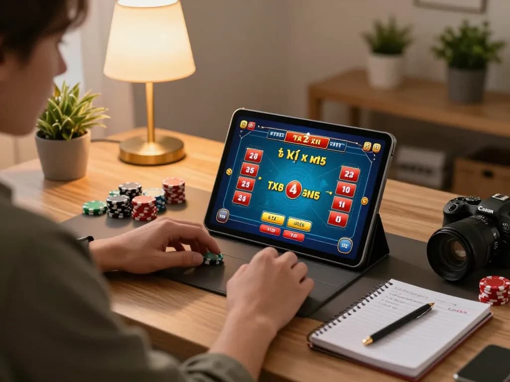 Engaging scene showcasing a player enjoying tài xỉu md5 on a tablet, surrounded by chips and strategy notes
