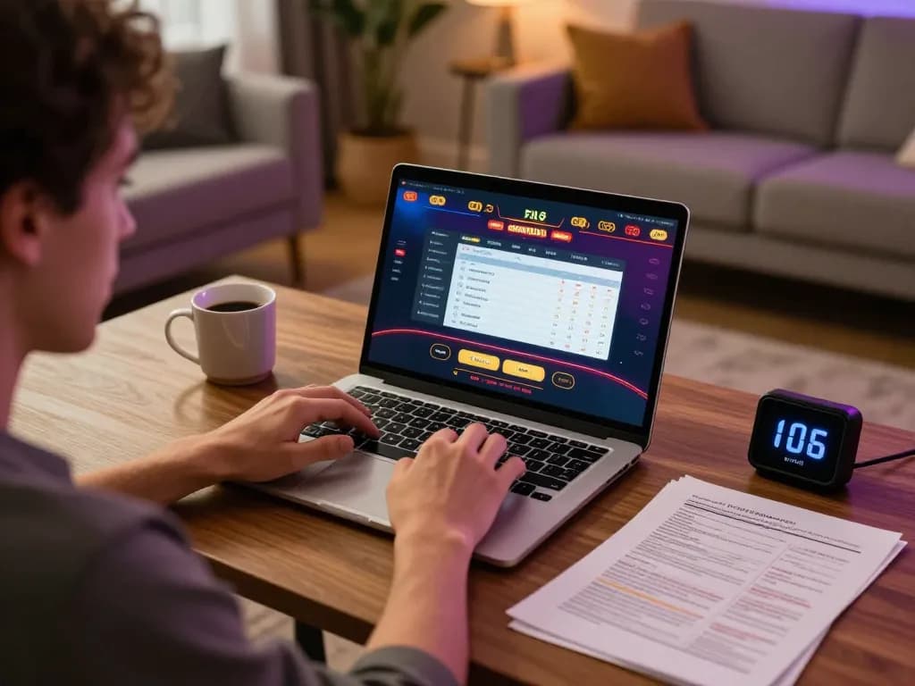 Engaged player using TT88 for online gaming strategies with live dealer setup in a cozy home.