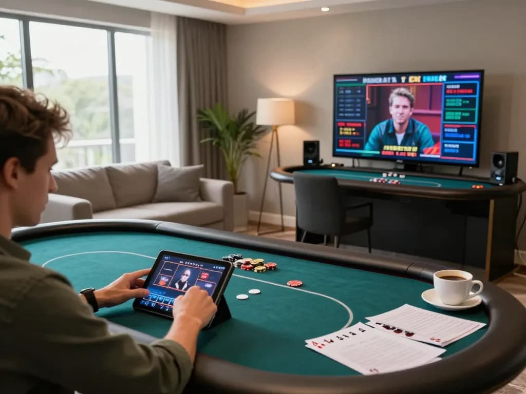 TT88 player engaging in online gaming at home, using tablet for betting strategies and poker.