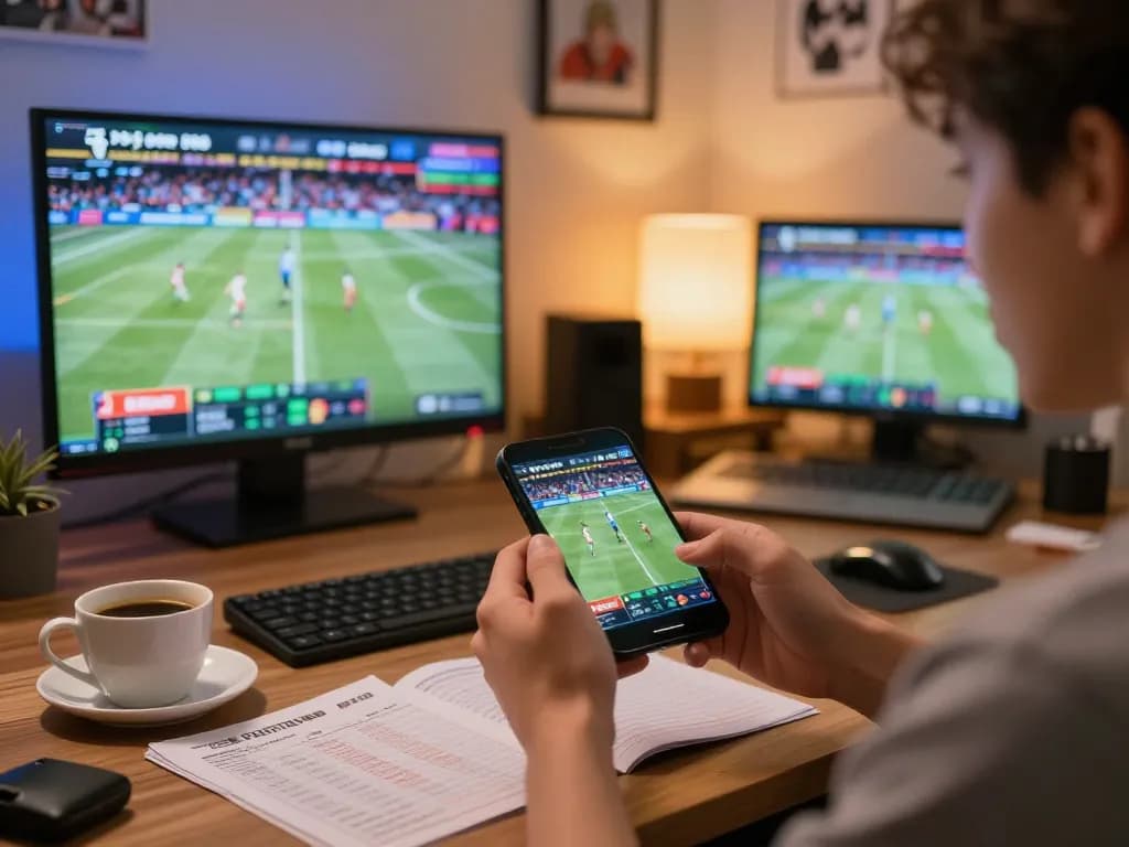 Engaged user placing sports bets on 789bet app in a cozy home office.