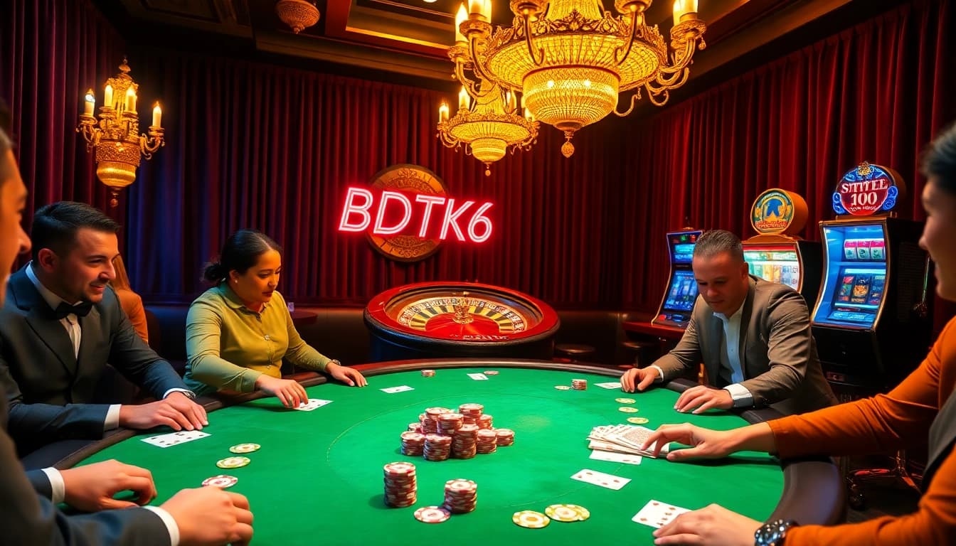Engaging poker game scene at a casino featuring BDTK66 sign and players betting confidently.