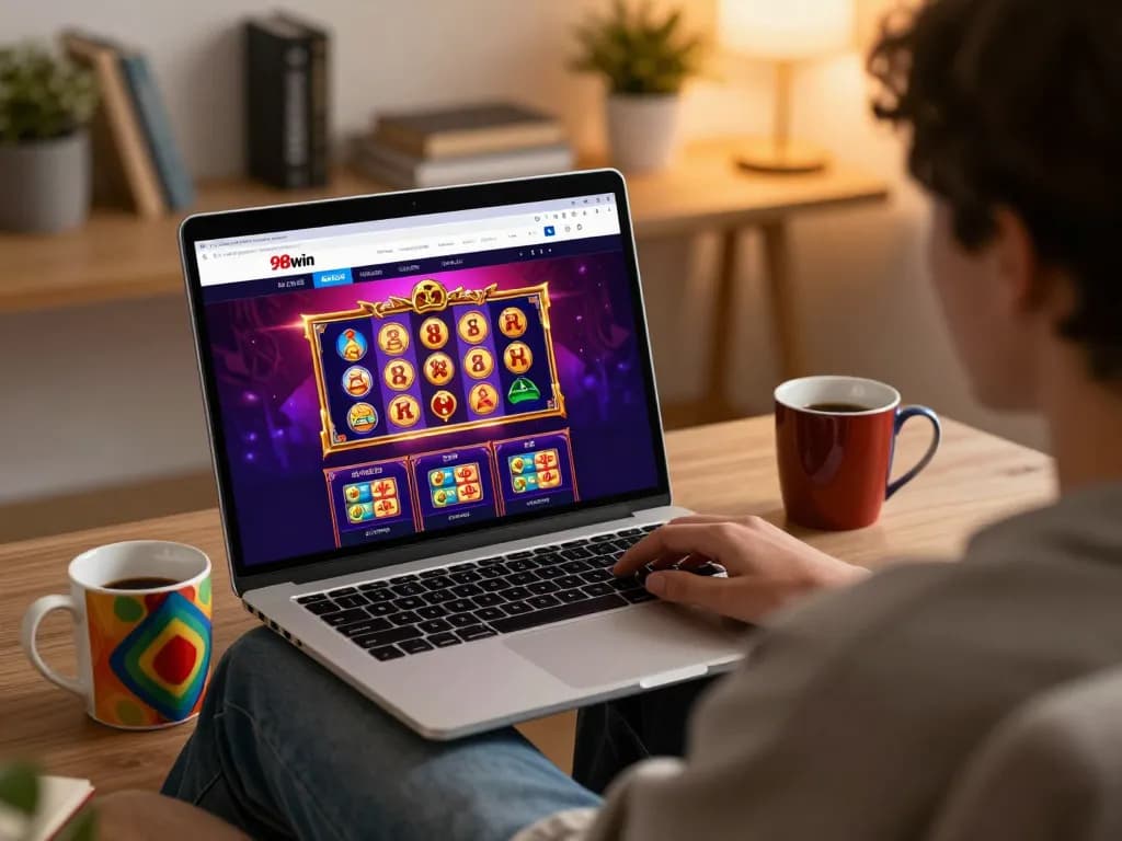 Engaged player enjoying 98win's online casino interface at home.