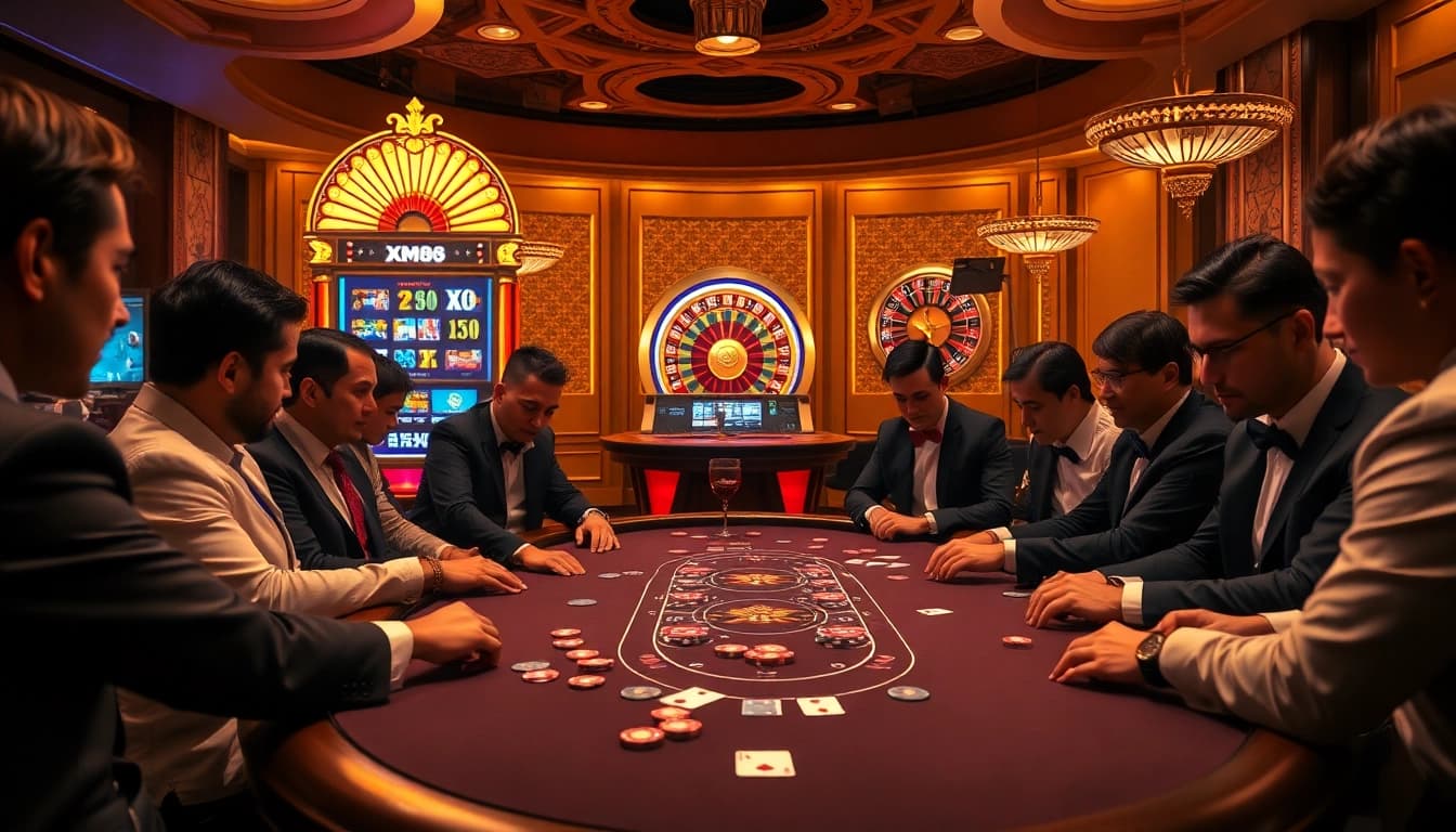 Playing poker at a luxurious casino table, showcasing the thrill of gambling at XX88.
