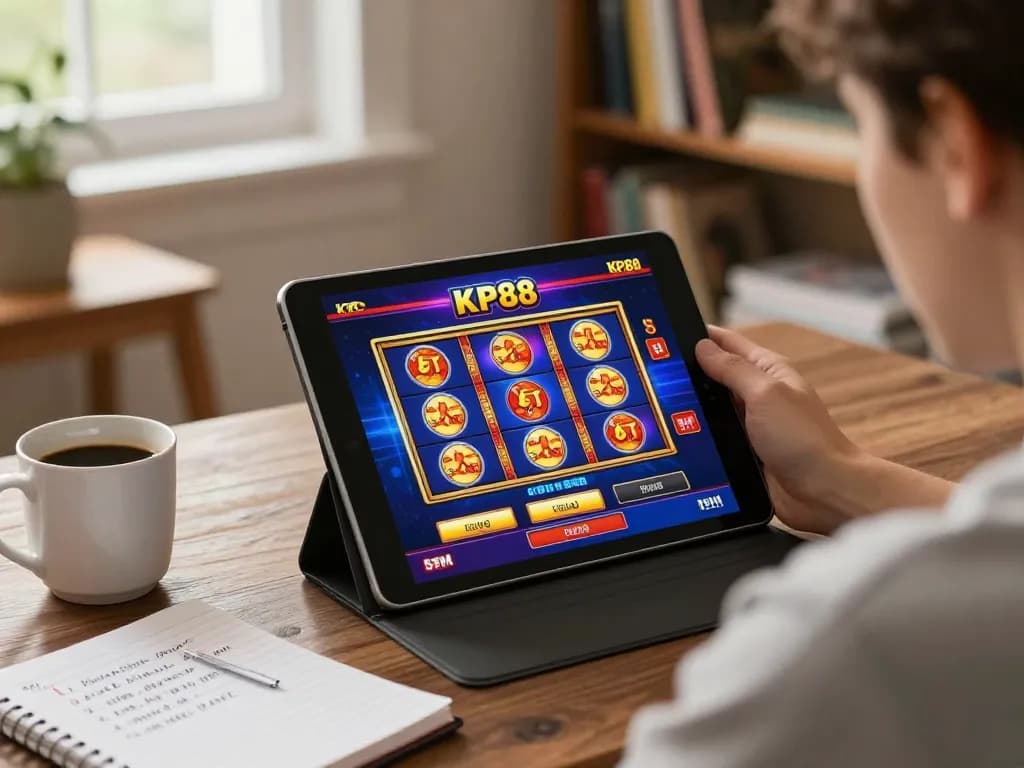 KP88 online gaming scene with a tablet showing vibrant slot games in a cozy home setting.