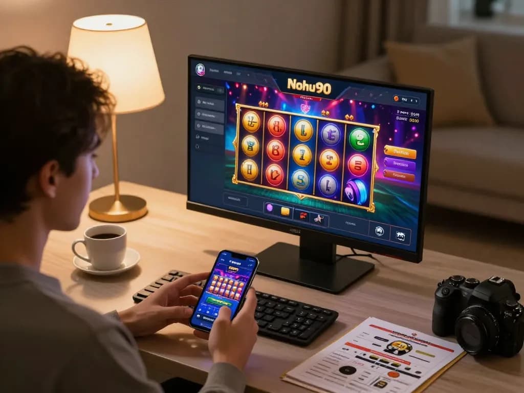 Nohu90 online slot game action displayed on smartphone during focused gameplay.