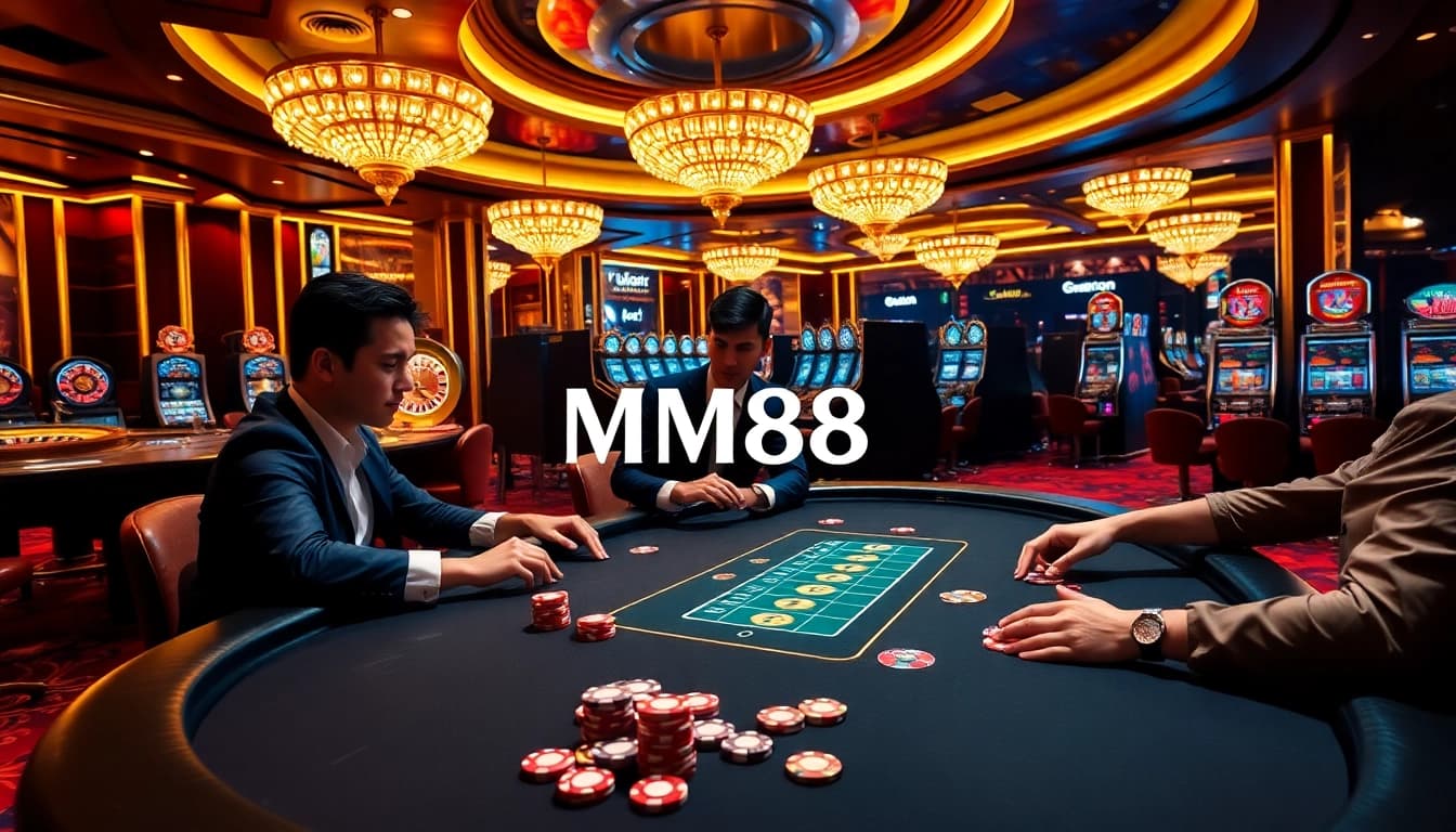 Players enjoying intense poker action at an MM88-branded casino table.