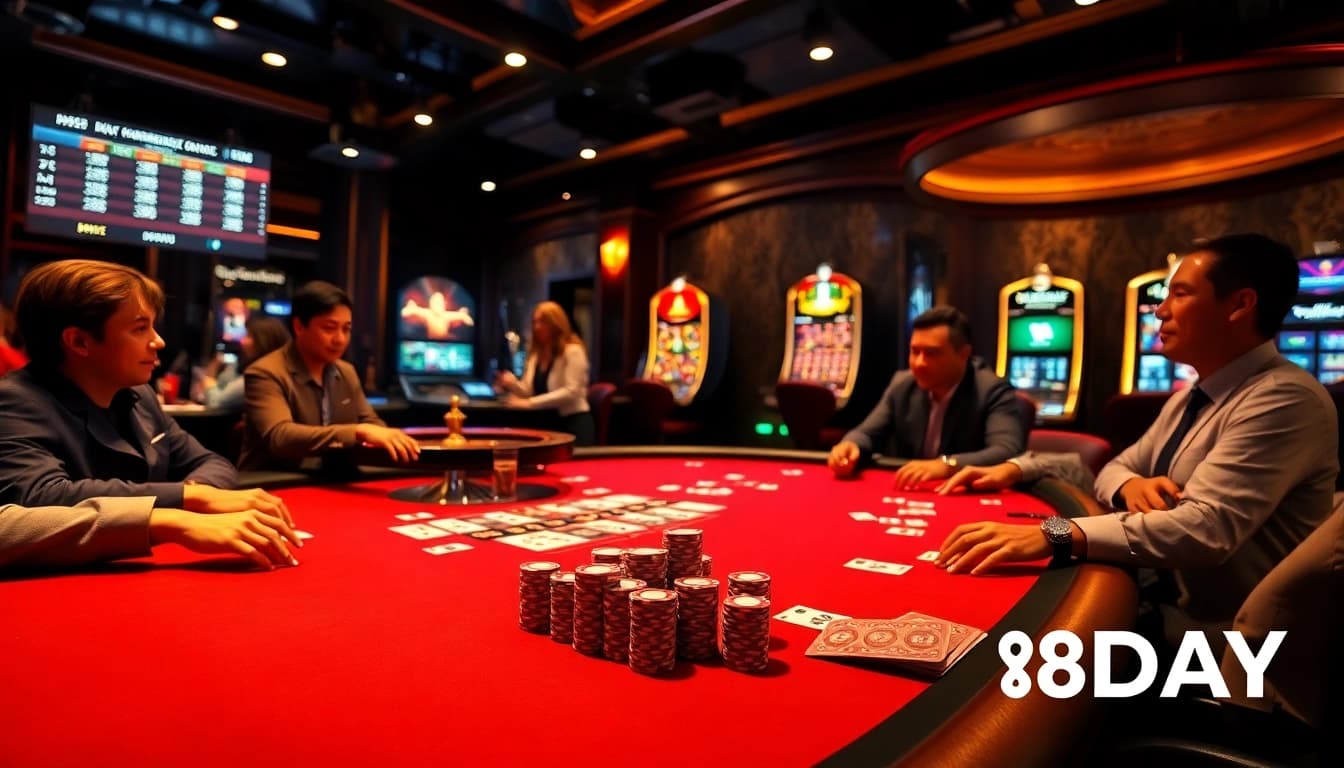 Experience the thrill of poker at 8DAY casino with vibrant chips and a spinning roulette wheel.