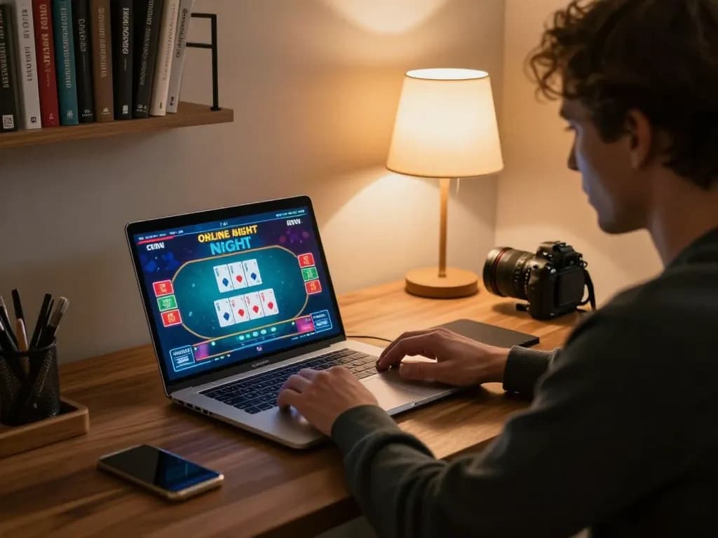 Participant experiencing nohu90 online gaming excitement with poker on a laptop.