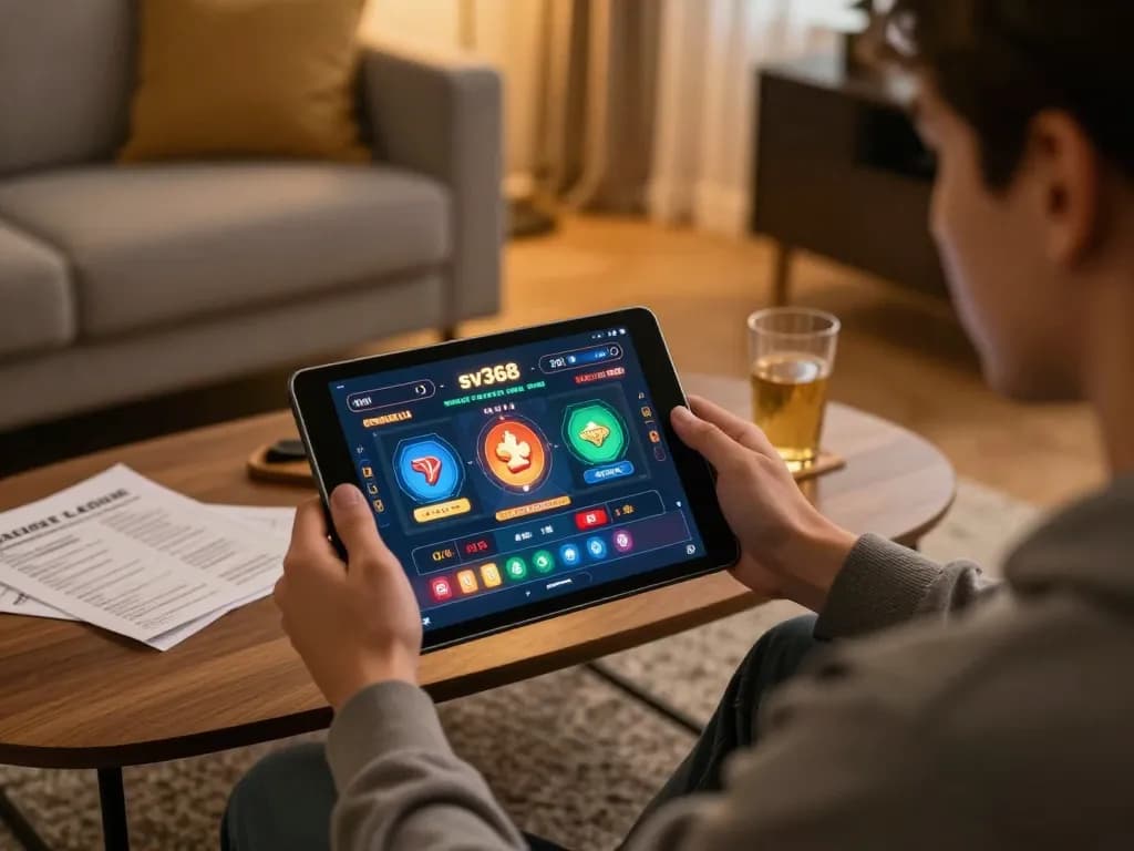 Engaging user explores sv368 online casino interface during relaxing home gaming session