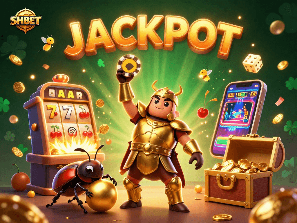Engage with SHBET's thrilling gambling world as a hero beetle wins poker chips amidst vibrant casino visuals.