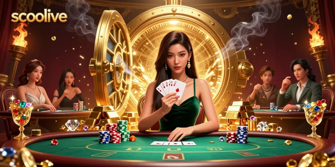Socolive showcases an Asian woman at a poker table, symbolizing strategic betting in a vibrant gambling setting.
