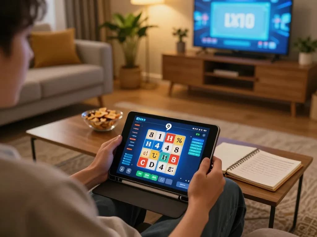 Engaged player checking 9 Lotto 4D results on a tablet in a cozy home setting.