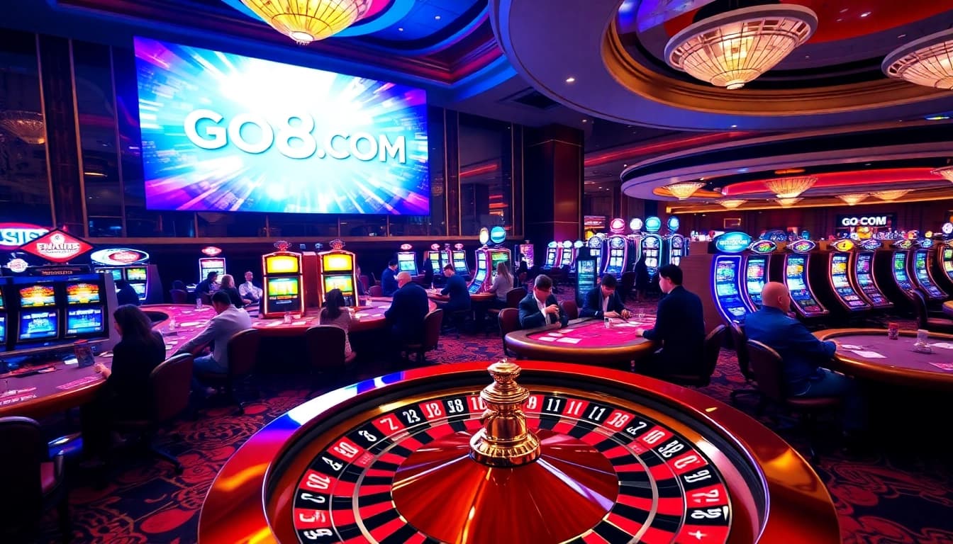 Experience excitement at GO8.COM with players enjoying poker and roulette in a luxurious casino.