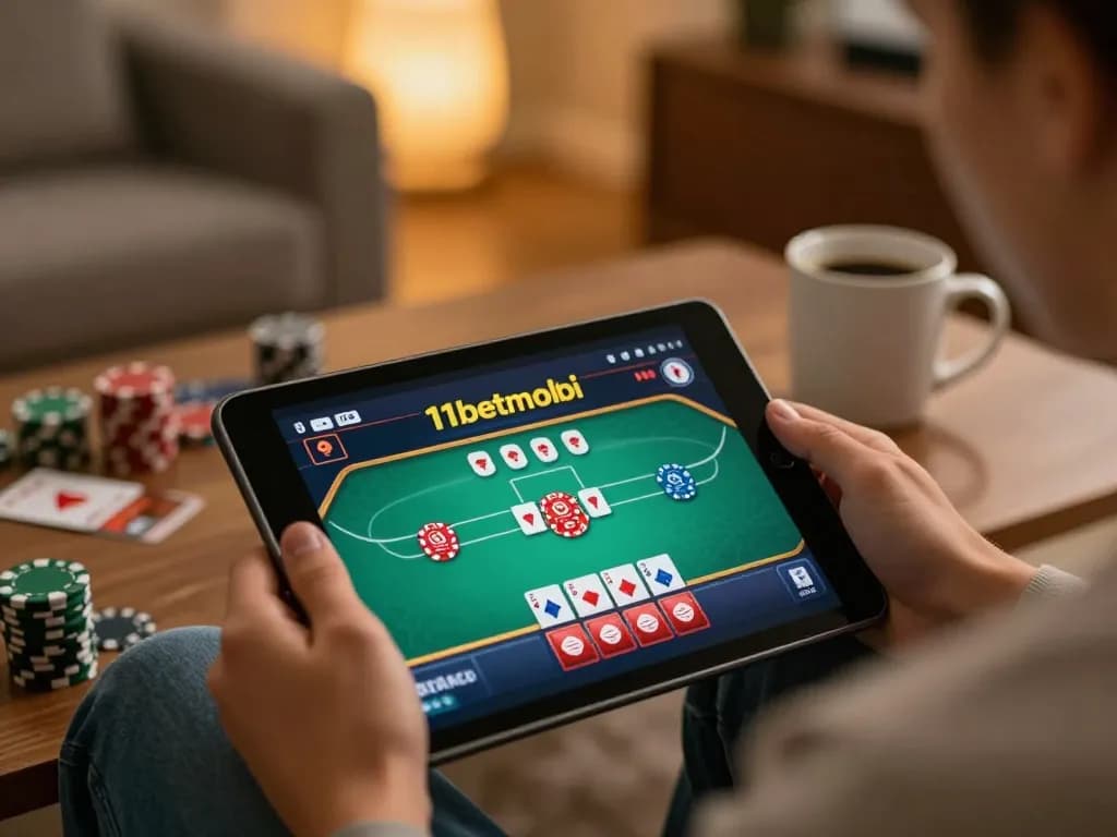 Engaging online poker gameplay on 11betmobi displayed on a tablet at home.