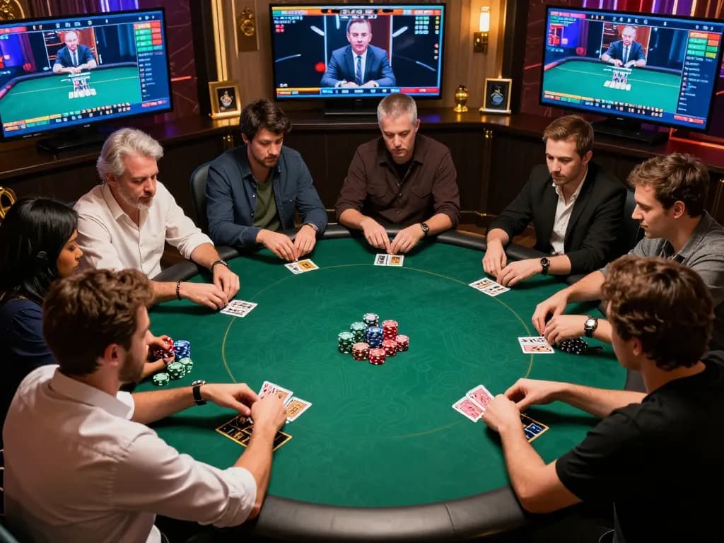 Players strategize in an online poker game at vin777, showcasing competitive gameplay and vibrant atmosphere.