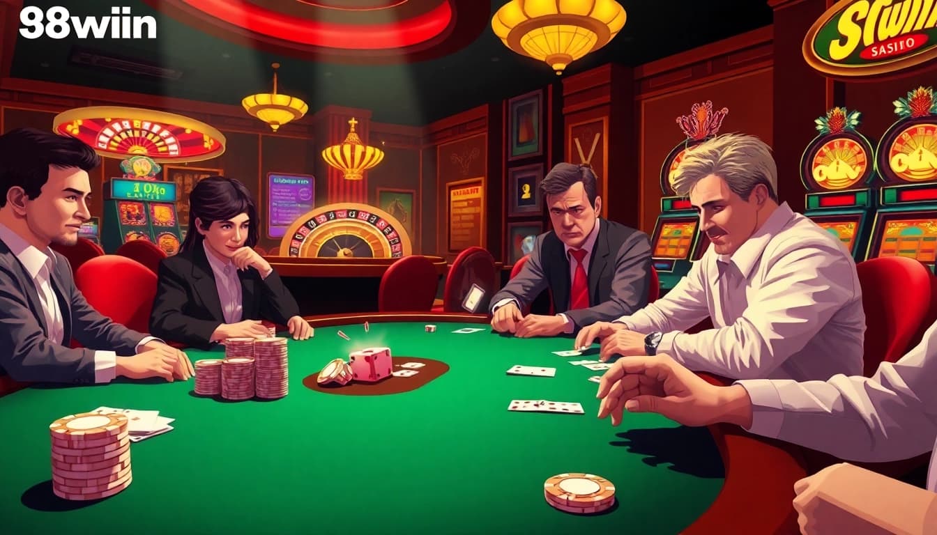 Poker players enjoying a game at an upscale casino, showcasing 98win branding amidst poker chips and cards.