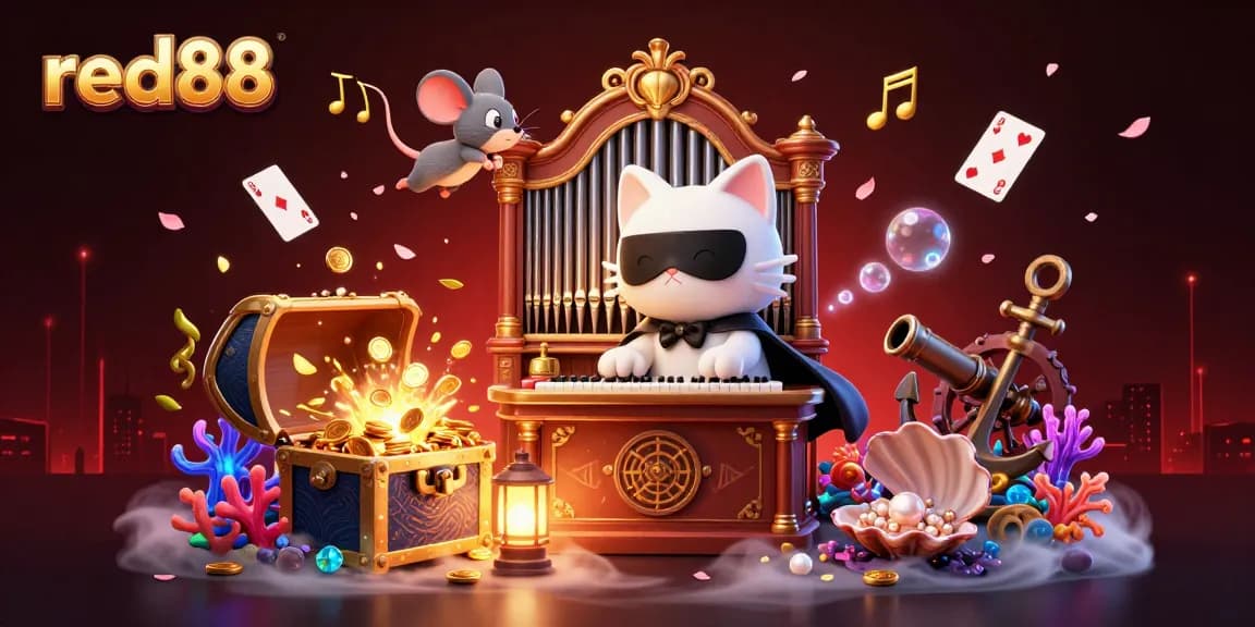 Experience the excitement at red88 with a whimsical casino scene featuring a phantom cat, acrobat mouse, and treasures.