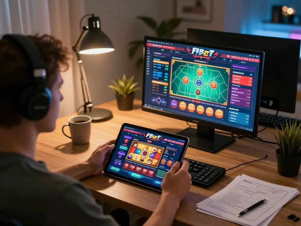 Engaging with F8bet's online casino platform on a tablet in a cozy home office.