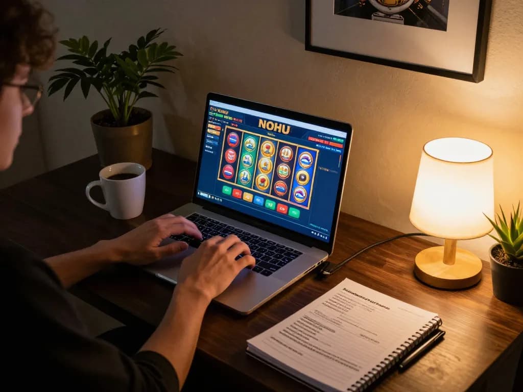 Engaging in nohu slot gameplay on a laptop amid cozy home decor and strategic betting notes