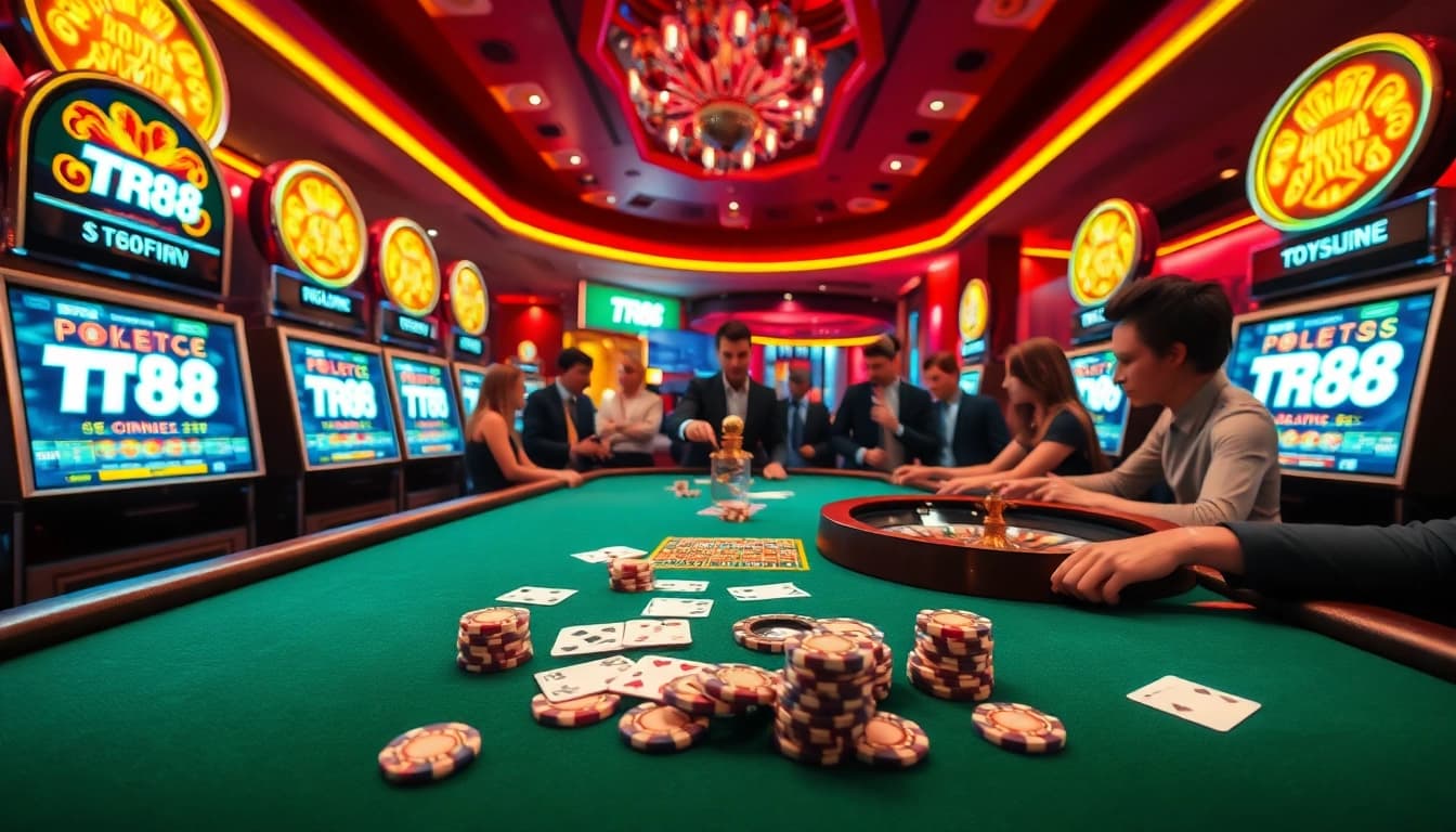 Engaging in thrilling casino gameplay at https://tr88.autos/ with poker chips and vibrant slot machines.