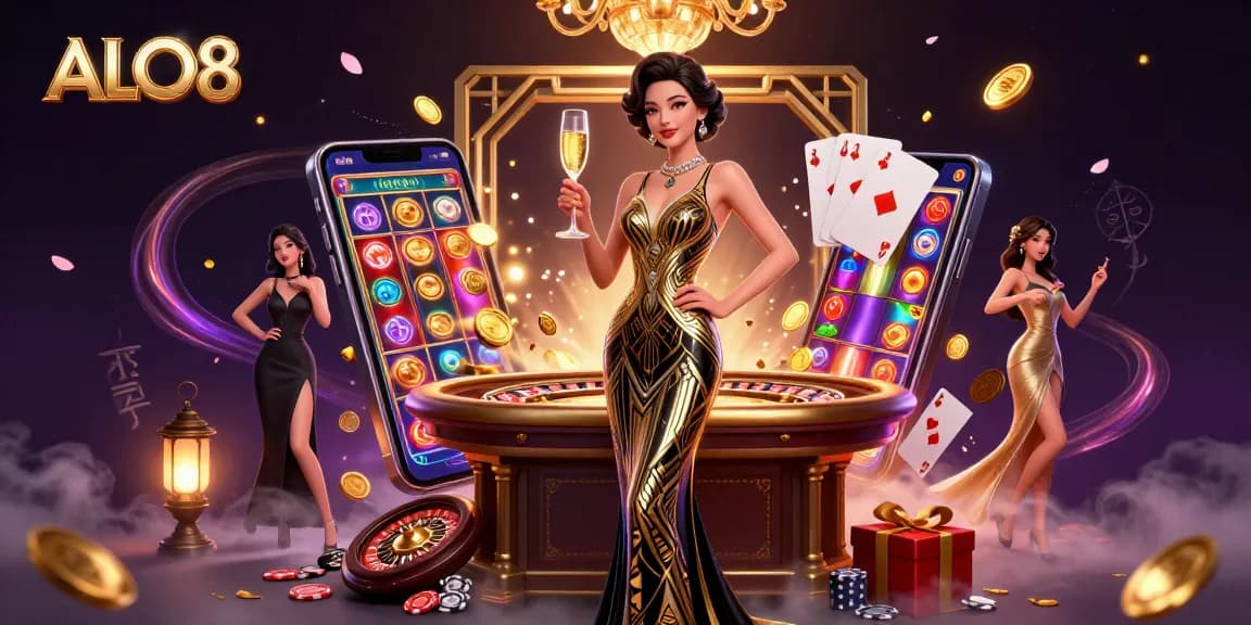 Celebrate with ALO8's engaging casino experience featuring a glamorous winner among vibrant game elements.