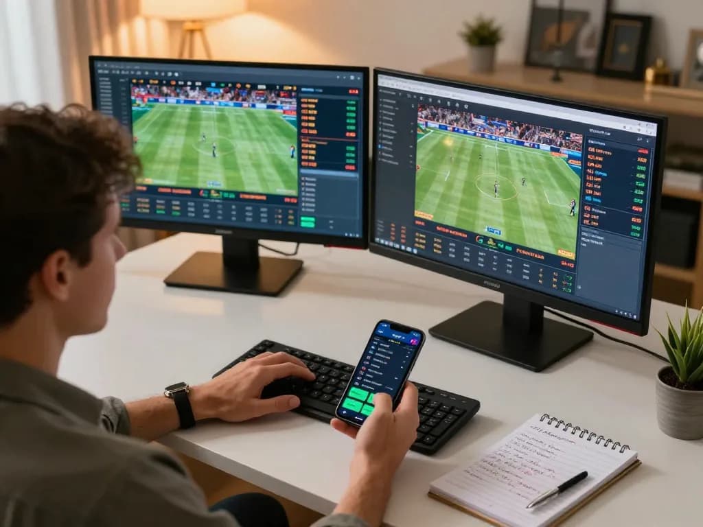 VB88 user engaged in online sports betting strategy with multiple screens showing live events and odds.