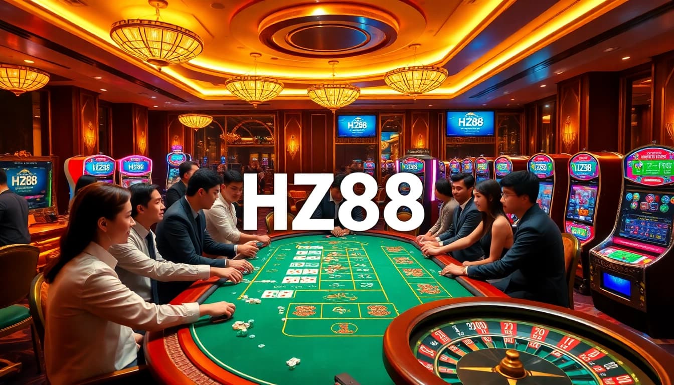 Players enjoying thrilling games on HZ88 casino platform, showcasing lively tables and vibrant atmosphere.