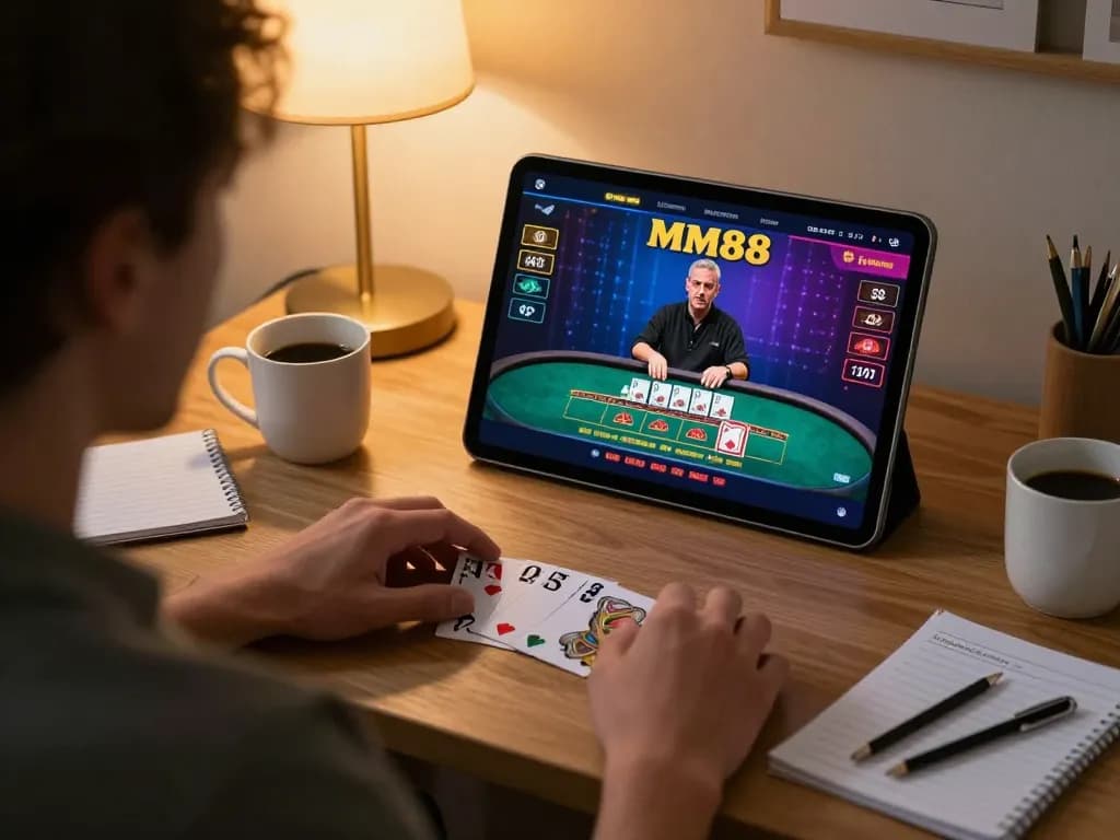 Player engaging in live blackjack on MM88 app at home, showcasing strategic betting