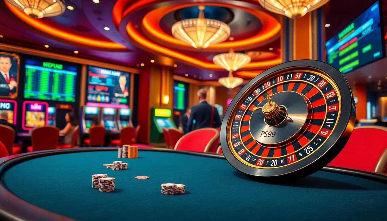 Engaging players at a poker table on the trang chủ PS99 luxurious casino floor.