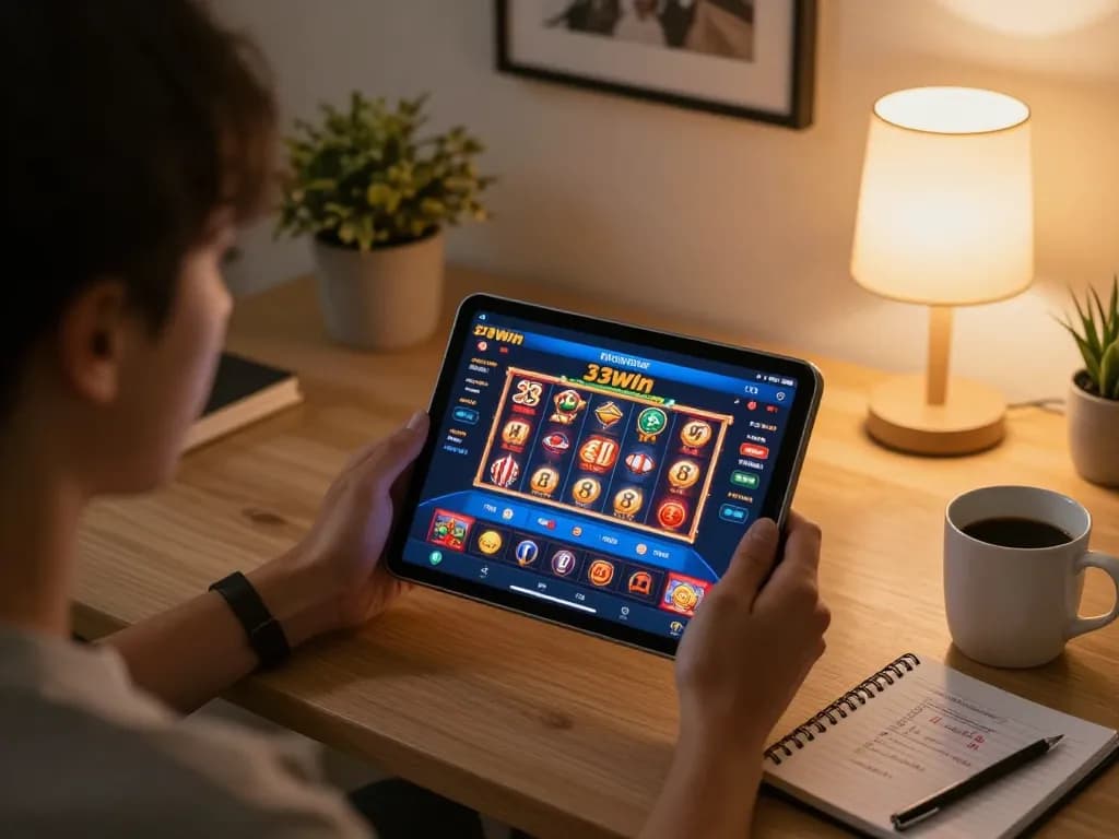 Engaged player using 33win app on tablet with betting strategies at cozy home setup