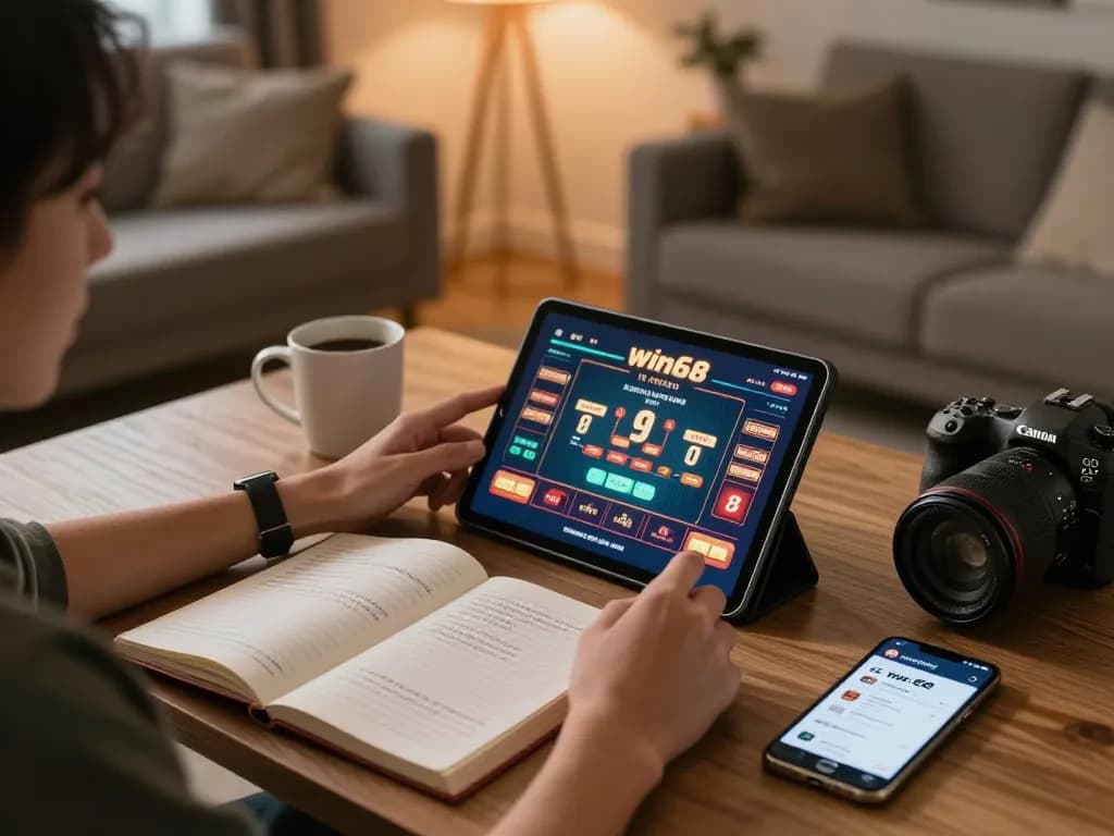 Engaged player betting on win68 casino games on a tablet in cozy home setup