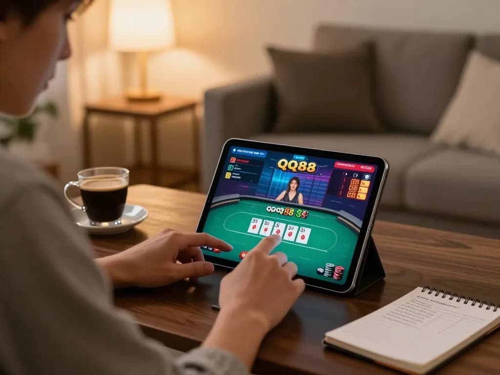 Engaging with QQ88 online poker on tablet in a stylish home setting, showcasing strategic gameplay.