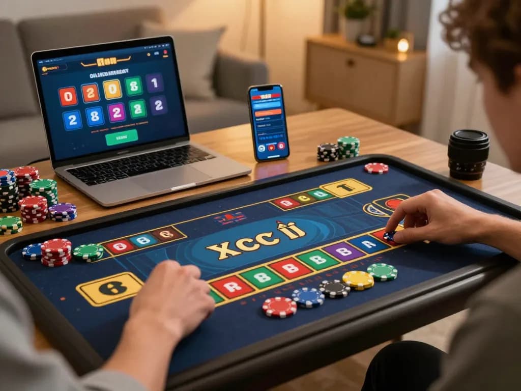 Engaged player placing bets in an online xóc đĩa game on a laptop, showcasing vibrant chips and betting interface