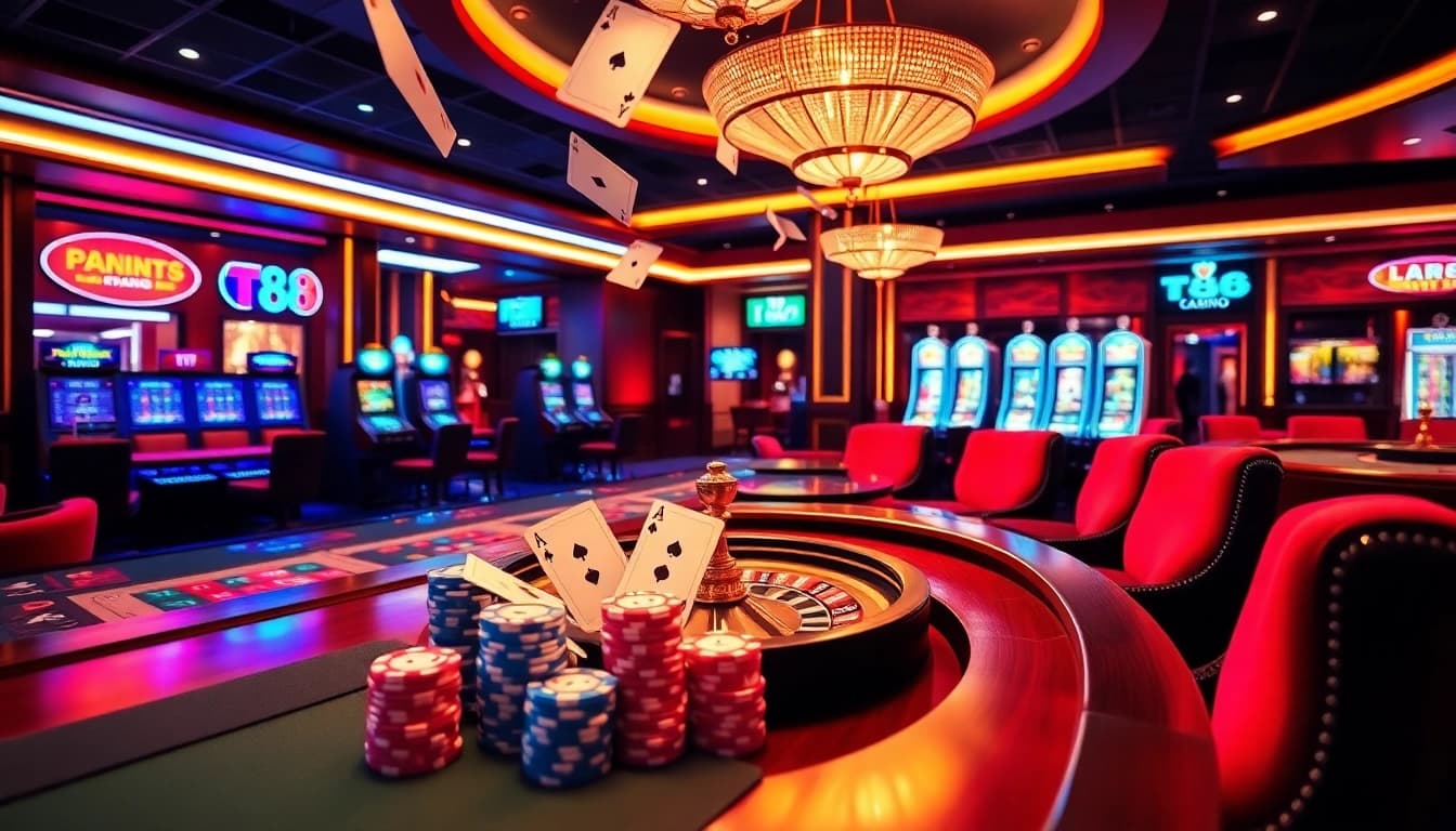TT88 online casino scene highlighting poker tables and slot machines with a luxurious ambiance.