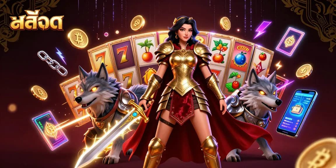 Play thrillingสล็อต games featuring vibrant reels and lucky symbols in an immersive casino scene.