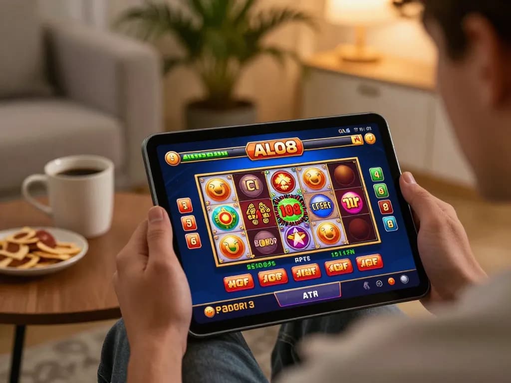 Player enjoying ALO8 online casino slots on a tablet in a cozy home setting