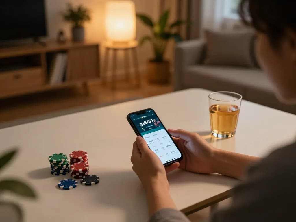 Engaging with the ga6789 betting app on smartphone during cozy home gaming session