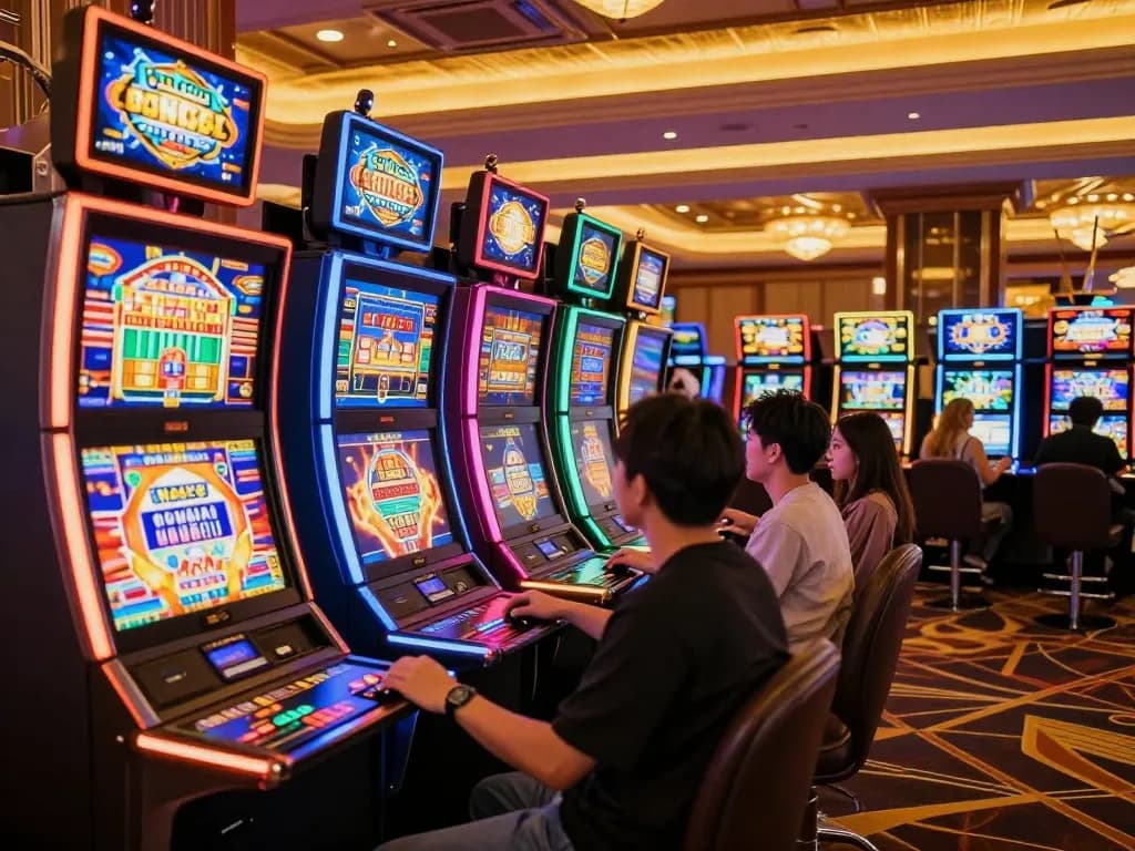 Players engaging with vibrant slot machines at 23WIN casino, capturing excitement and dynamic atmosphere.