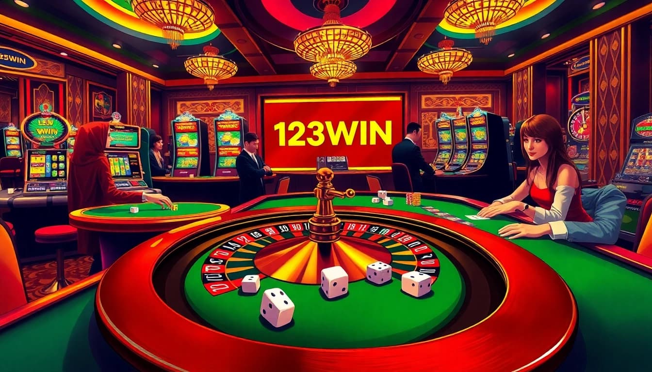 Engaging casino scene with 123win.to branding showcasing exciting gaming elements and player interactions.