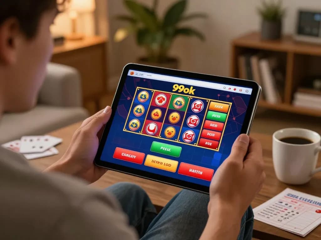 Player enjoying online casino gameplay on the 99ok app in a cozy home setting, engaging with slots.