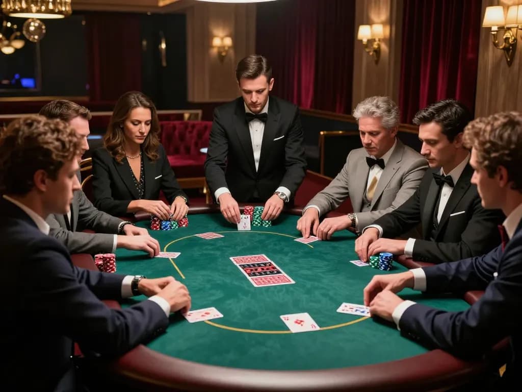 Engaged players at the 789WIN poker table showcasing strategic gameplay in an upscale casino.