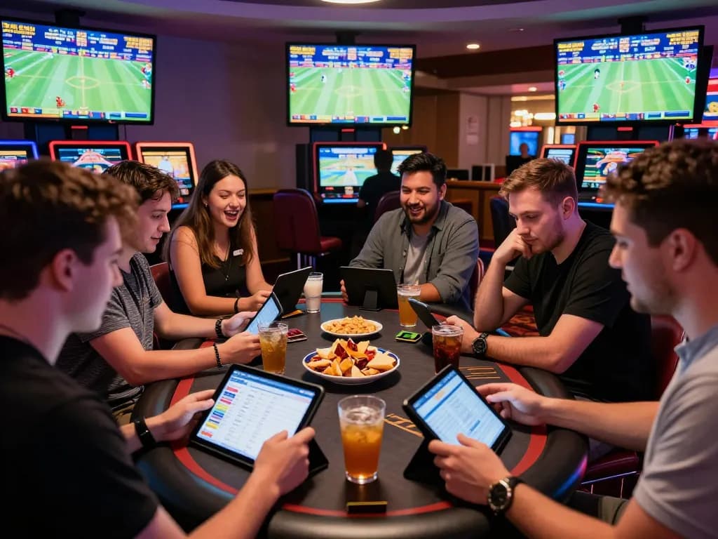 Friends analyzing sports betting odds at modern casino, featuring ve88 dynamic screens.