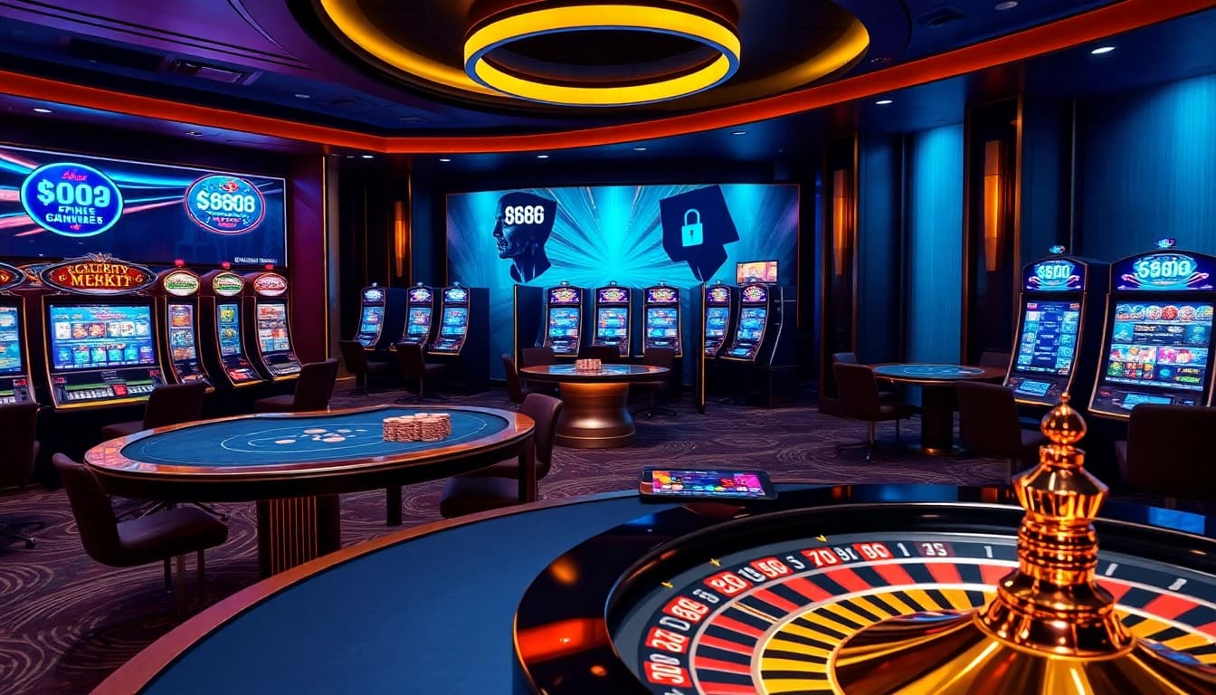Experience the thrill of the 888VI APP in a vibrant casino scene with poker tables and slot machines.