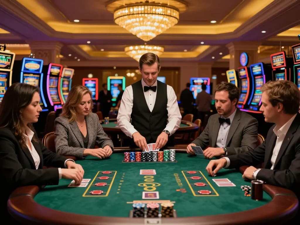 Players strategizing at the blackjack table in a lively ta888 casino, showcasing the thrill of gaming.