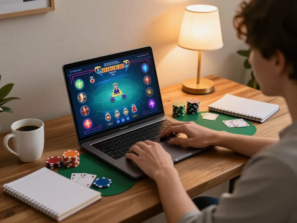 Player engaging in online poker gaming while analyzing strategy notes at home with gen-e.