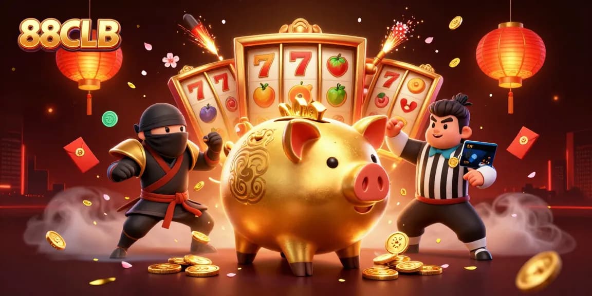 Experience exciting gameplay at 88CLB with a vibrant casino-themed illustration featuring 3D characters.