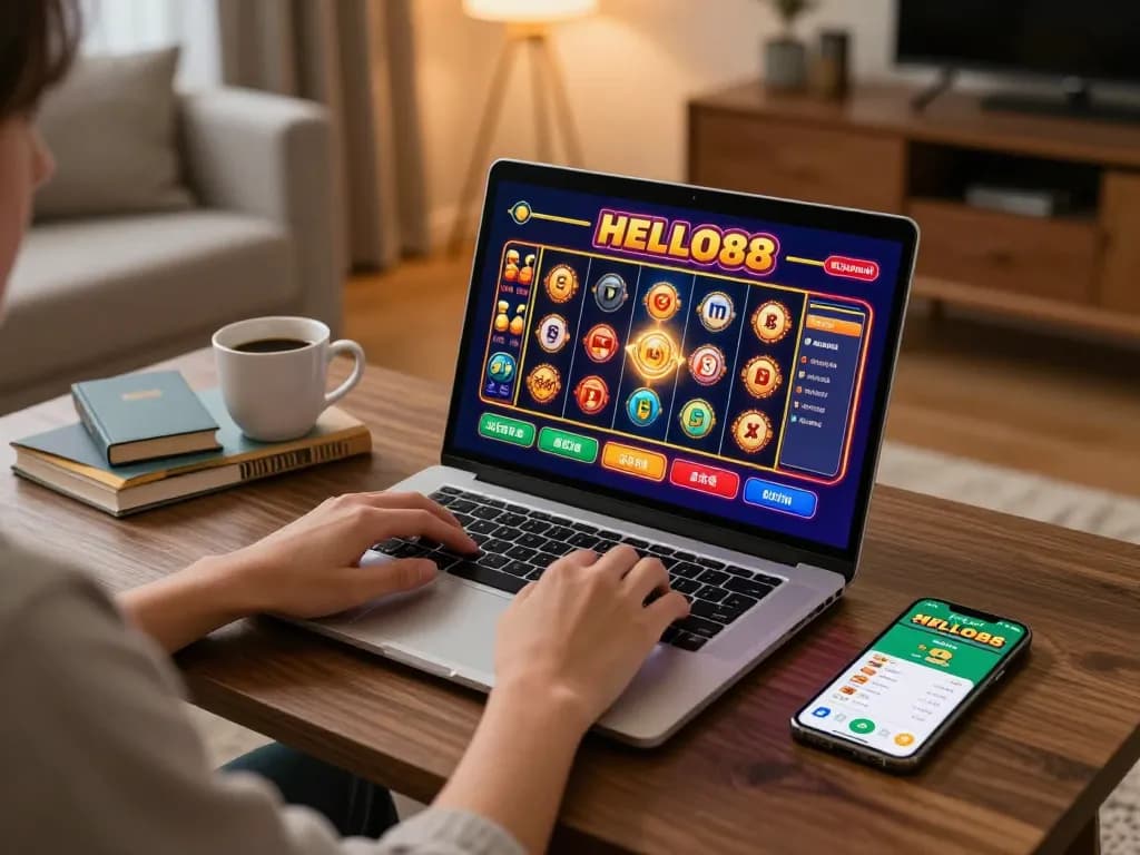 Engaging online gameplay experience at HELLO88 with vibrant slot graphics on a laptop, showcasing home gaming atmosphere.