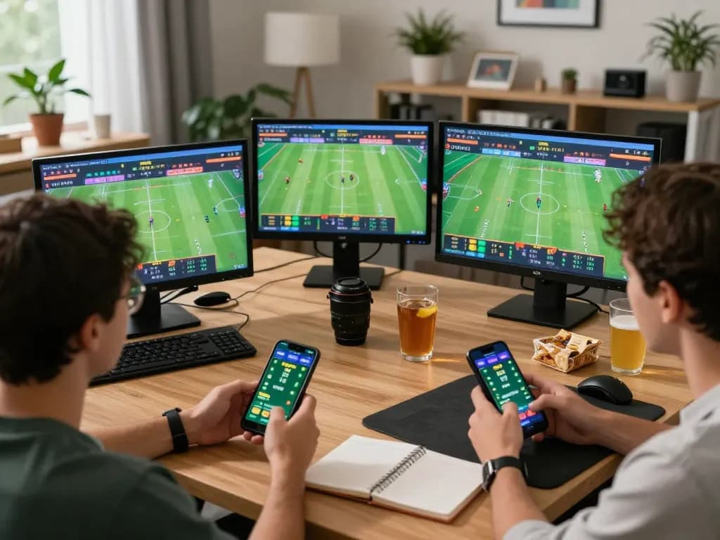 Engaged players placing bets on QE8 sport events digitally during a cozy home office setup